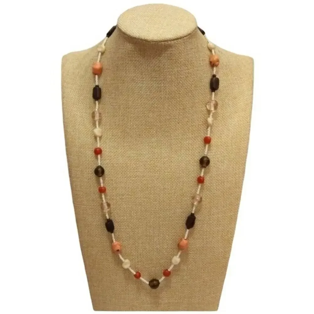 Treska Vintage Earth Tone Beaded Necklace Coral Brown Wood Glass Seed Bead 24 In